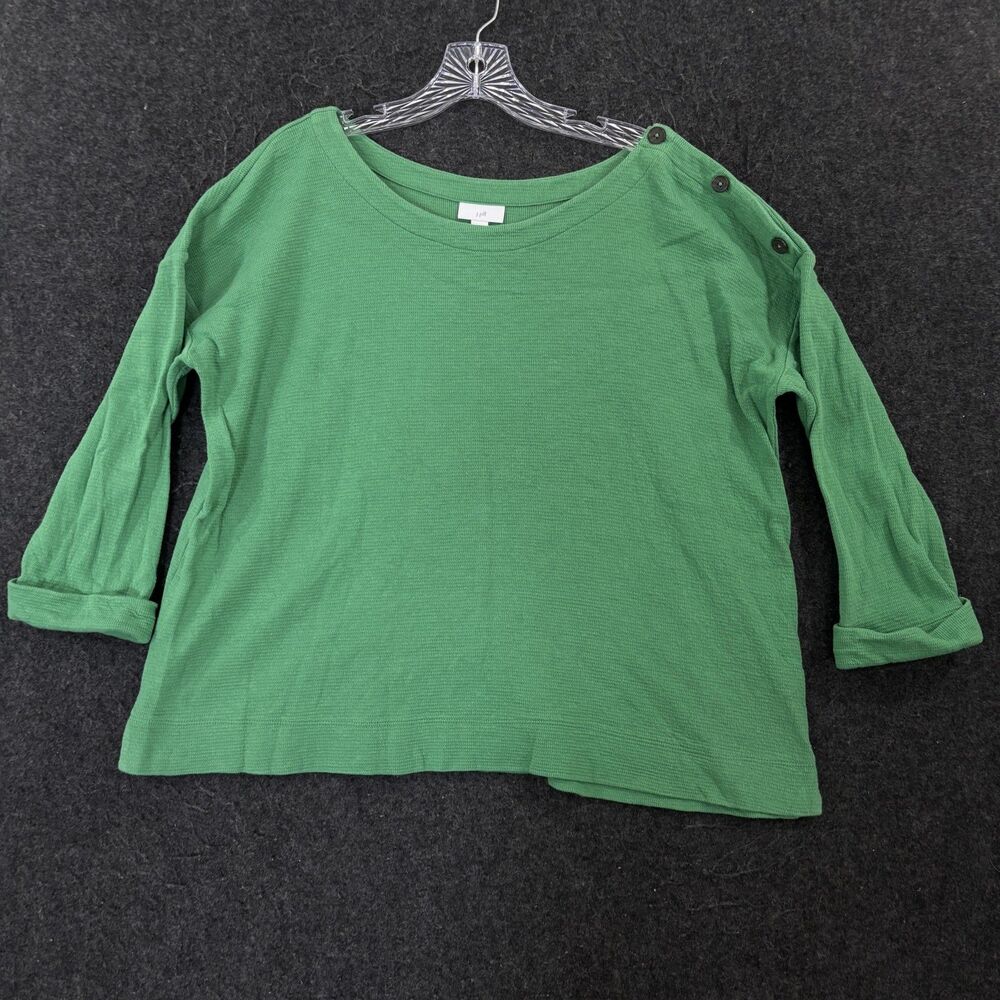 J Jill Shirt Women's Large Green Boat Neck Button Shoulder Long Sleeve Tee Top